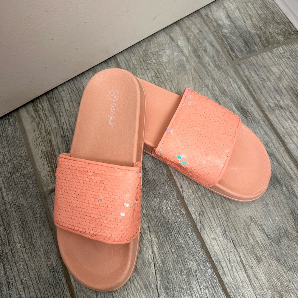 Cat & Jack Peach Sequin Slide Sandals -XL kids size 6 (adult size 7)
